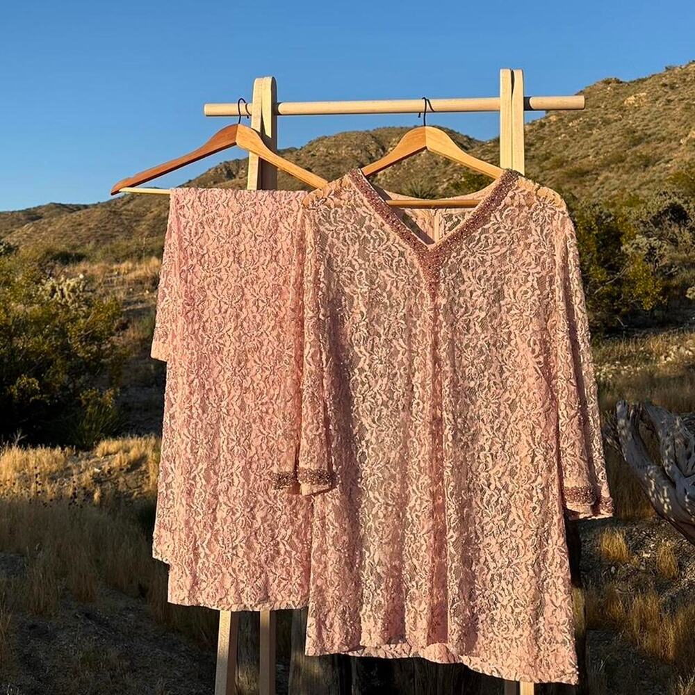 Women's Medium Pant Set Pink Beaded Lace Sheer Vintage Pant and Blouse Set